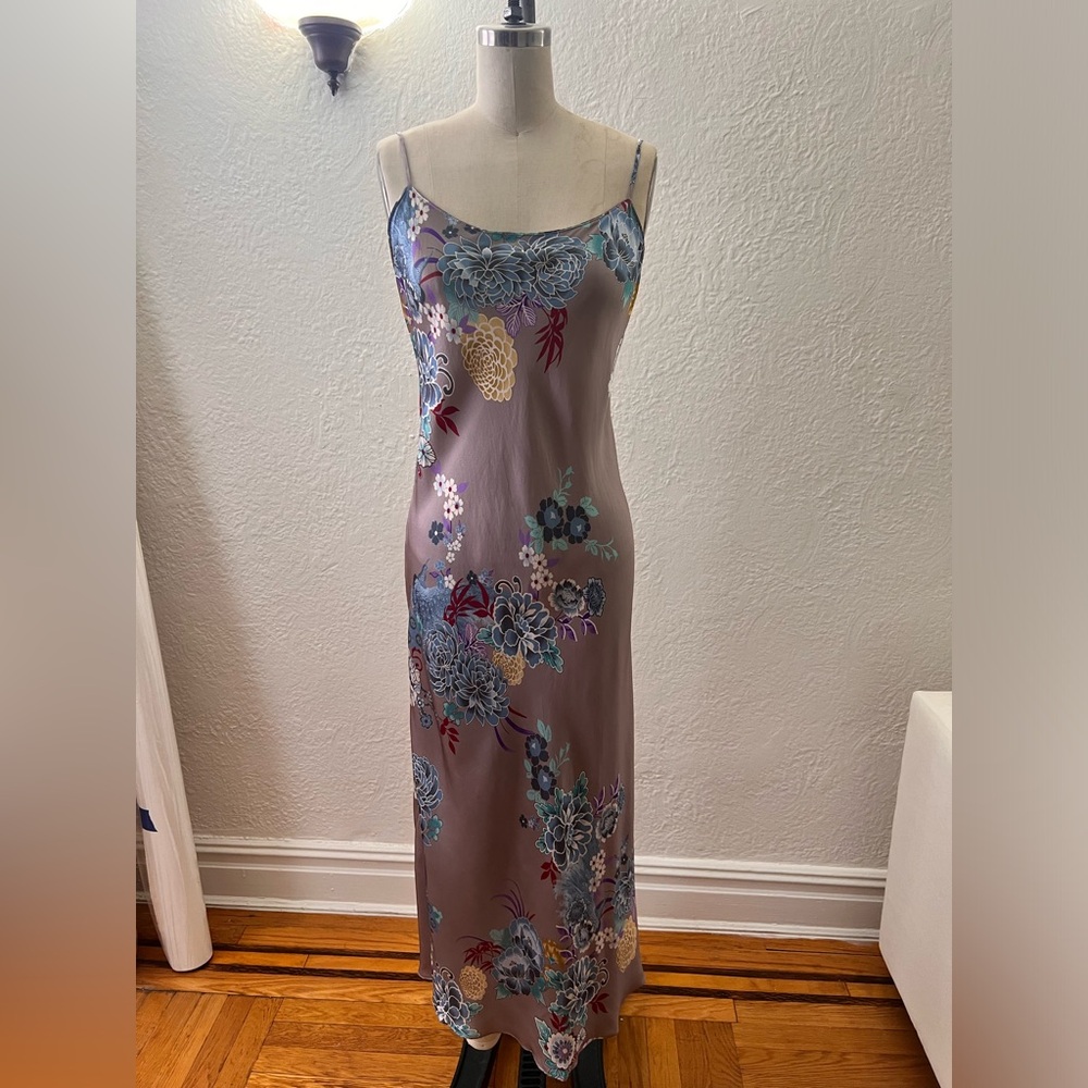 Natori 100% Silk Charmeuse Angkor Bias Cut Midi Slip Dress